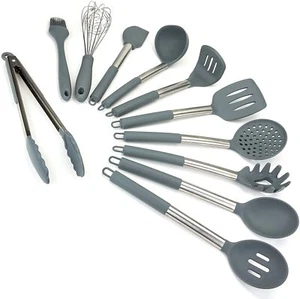 Silicone Kitchen Utensils Set Grey 11 Piece Cooking Non Stick Baking Spoon Tools - Picture 1 of 6