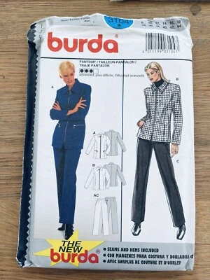 Vintage 1990s Burda 3104 Smart Pantsuit Zipped Jacket & Trousers Size 8-18 UNCUT - Image 1 of 4