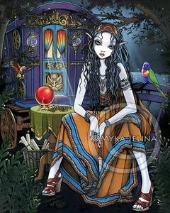 Bohemian Gypsy Fortune Teller Rainbow Lorikeet Signed Myka Fairy Art Print - Picture 1 of 5