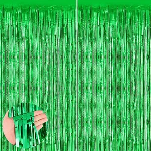 Green 2 Pack Metallic Tinsel Foil Fringe Curtains 3.3x8.3 Feet Green Streamer... - Picture 1 of 7