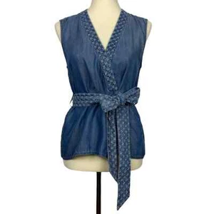 Holding Horses Shirt Women SP Blue Chambray Embroidered Belted Wrap Sleeveless - Picture 1 of 12