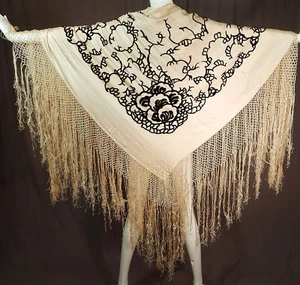 Art Deco White Silk Black Devore Burnout Voided Velvet Flapper Piano Shawl VTG - Picture 1 of 6