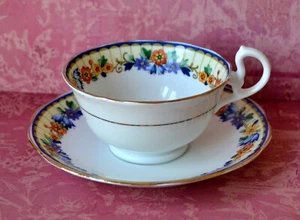 Royal Albert Crown China Cobalt Band Teacup Saucer Art Deco Tea Cup Set c.1911 - Picture 1 of 10