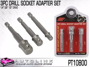 3 PIECE DRILL SOCKET ADAPTERS - 1/4" 1/2" 3/8" FOR ALL STANDARD DRILLS PT10800 - Picture 1 of 6