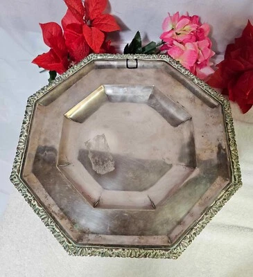 Antico vassoio ottagonale 850 g marcato sterling/800 piedi/piatto bordo ornato 12,75" - Immagine 1 di 4