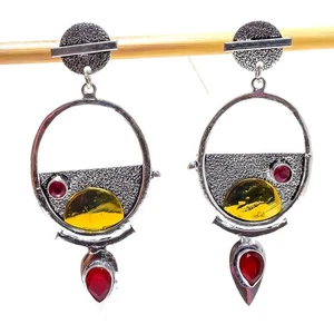 Lab-Created Two Tone Ruby Gemstone Silver Plated Earring 2.7" W508 - Picture 1 of 5