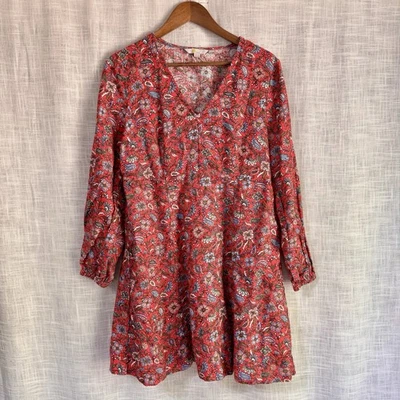 Vestido Boden Flippy 100% Lino Manga Larga Rojo Floral Bolsillos Talla 10 Foto 1 de 4