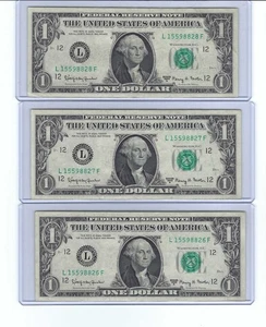 1963 A $1 CONSECUTIVE SERIAL #'s One Dollar Notes x 3 - Double #'s - Picture 1 of 4