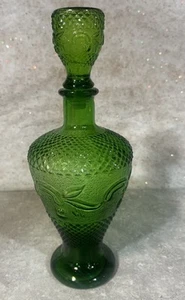 Vintage Green Glass Decanter Genie Bottle Leaf & Diamond Pattern 10.75” Stopper - Picture 1 of 7