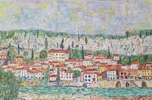 Rare 1987 Signed Daniel Village of Vogüé in Ardèche Painting After Gustav Klimt - Picture 1 of 11