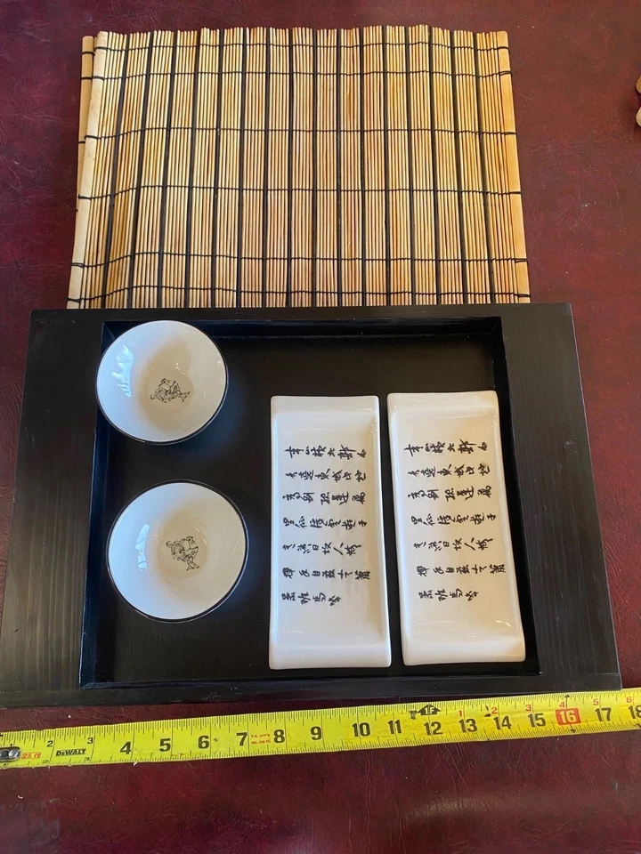 Juego de sushi de cerámica de colección de 7 piezas para 2 platos cuencos tapetes de bambú bandeja de madera Foto 1 de 4