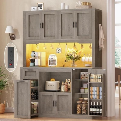 71" Kitchen Pantry Cabinet w/LED Light &Microwave Stand, Kitchen Storage Cabinet - Image 1 of 4