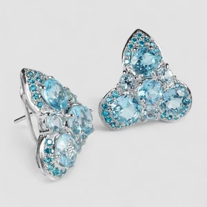 Neon Blue Aquamarine Omega Back Earrings 925 Sterling Silver White Gold Plated - Picture 1 of 8