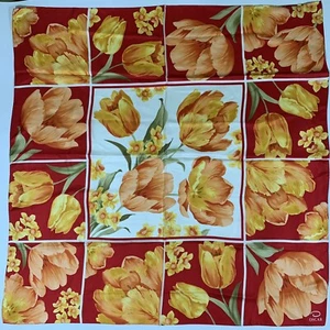 Oscar de la Renta Beautiful Tulips & Daffodils Floral Red Silk Scarf, 34" Square - Picture 1 of 13