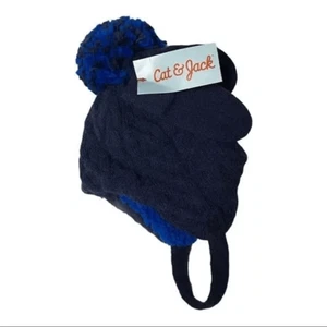 Cat & Jack Beanie Hat Winter Blue NEW 2PC Mittens Chin Strap PomPom Baby 0-6Mths - Picture 1 of 5