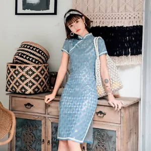 Nuovo lussuoso abito corto cinese blu raso Cheongsam Qipao lcdress143 - Foto 1 di 2