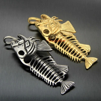 Enorme collar colgante de esqueleto de hueso de pez 3D de acero inoxidable plateado/oro para hombre Foto 1 de 4