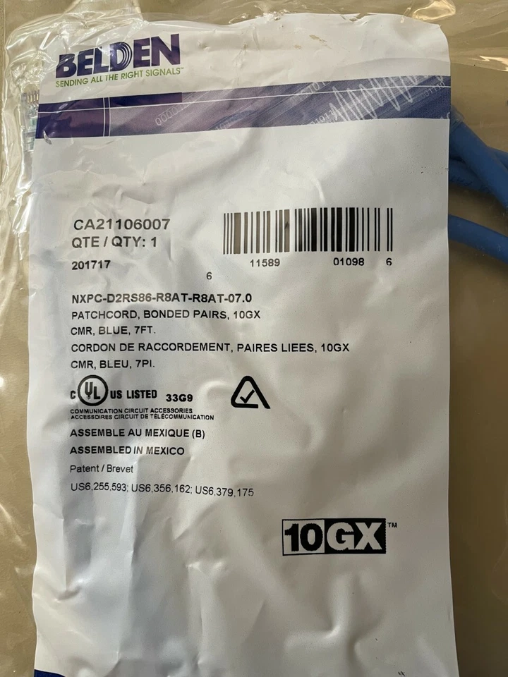 Belden CA21106007 10GX NXPC-D2RS86-R8AT-R8AT-07.0 Patch Cord 24 AWG 7-Foot Blue - Image 1 of 1