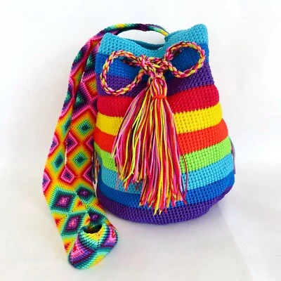 Cartera de mujer mexicana colorida borla de ganchillo hecha a mano con correa boho bolso de mano cubo Foto 1 de 4
