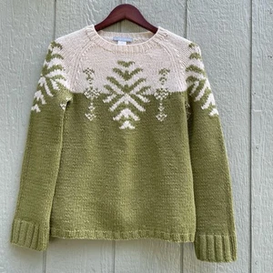 J Crew Sweaters Women XS Green white Lambswool Handknit Pullover Snowflake Cozy - Picture 1 of 13