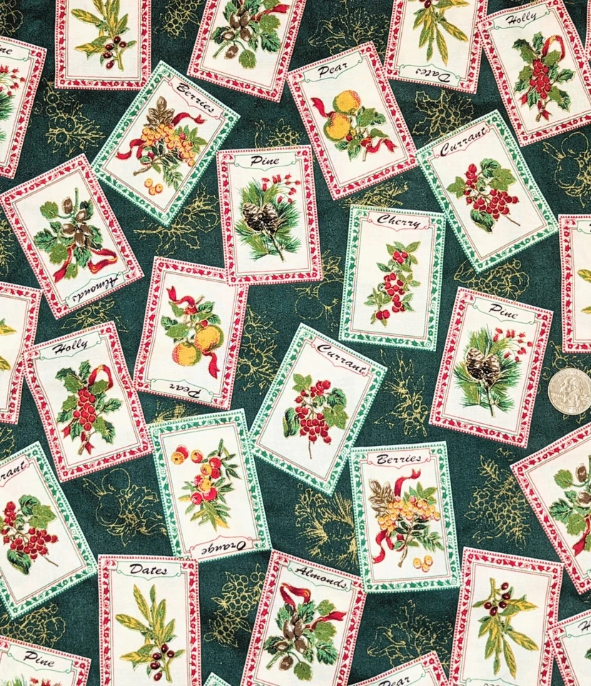 Vtg Green Gold Metallic Red Christmas Cotton Fabric  1 1/4 Yds X 43" Faye Burgos - Image 1 of 1