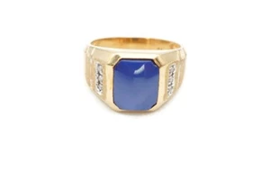 10k Yellow Gold Blue Star Sapphire Diamond Mens Ring Size 9 - Picture 1 of 11