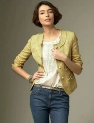 New Talbots Grace Collarless Gold Tweed Metallic Blazer Jacket Jackie O Fringe - Image 1 of 4
