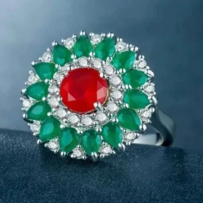 Lab-Created 2 CT Ruby & 3.89 CT Multi Gemstone Attractive Triple Halo Style Ring - Image 1 of 4