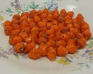 50 pcs Vintage Orange Striped Swirled Patterned Glass Beads 11mm Bicone  - Picture 1 of 3