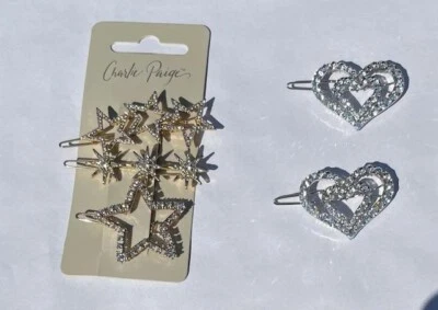 Stunning, New, Set of 2 Crystal Hearts, and 3 Crystal Star Barrettes - Image 1 of 4