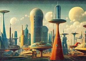 Retro Futurism Cityscape Art Print, Mid-Century Space Age Poster, Sci-Fi Sky A17 - Picture 1 of 2