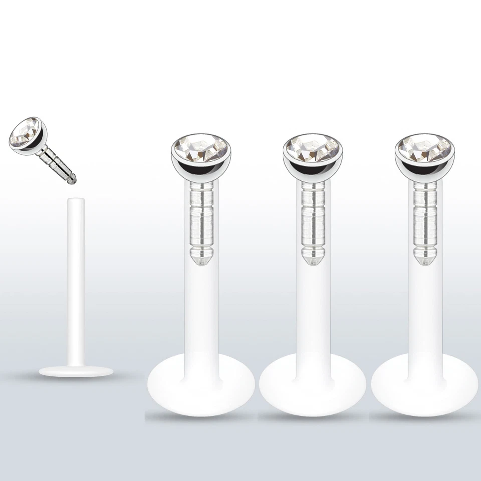 Piercing Monroe 3 piezas Press Fit 2 mm CZ Bioflex Push In Stud Labret 16 g 1/4" Foto 1 de 3
