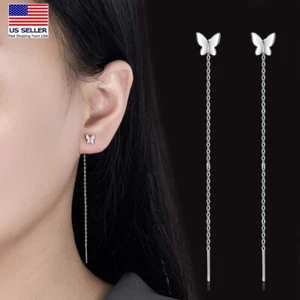 Women 925 Sterling Silver Earrings 3D Butterfly Tassel Threader Ear Chain 2039 - Picture 1 of 2