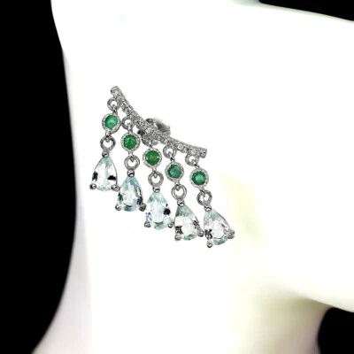 925 Sterling Silber Ohrringe Birne Aquamarin Smaragd Natürlich Edelstein Schmuck - Bild 1 von 4