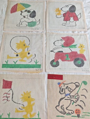 Lot of 6 Vintage Needlepoint or Latch Hook Rug Canvas Snoopy Woodstock 14" x 14" - Image 1 of 4