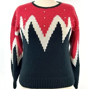 Vintage Maggie Lawrence Sweater Women's Med Black Red Grandma Pearls Festive 80s - Picture 1 of 11