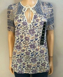  Lucky Brand Women’s XS Floral Tied Front T-Shirt Ivory Cotton Blend Boho - Picture 1 of 2