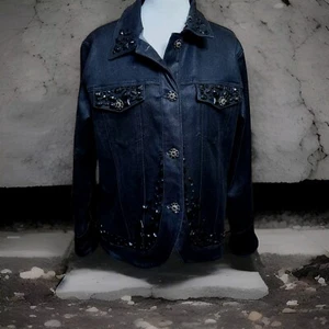 Jean Jacket Embellished M Diane Gilman Midnight Black Denim LN Beaded - Picture 1 of 14