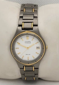 Mens Citizen Titanium Gray Gold Tone White Dial Date Analog Watch 1112-H18717 I8 - Picture 1 of 8