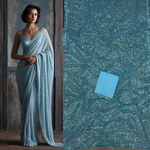 Designer blue sequence Saree indian sequins bollywood party wear women sari - Picture 1 of 3