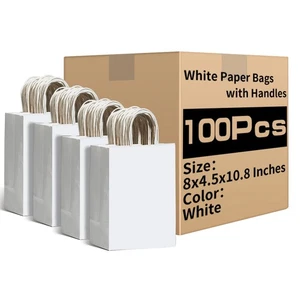 White Paper Bags with Handles Bulk 8"x4.5"x10.8" 100Pcs Gift Bags Medium Size... - Picture 1 of 5