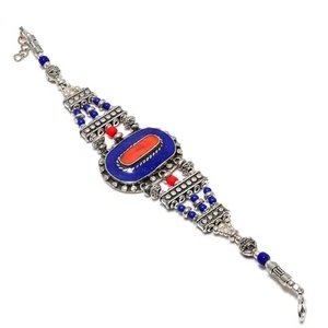 Pulsera étnica nepalí de lapislázuli, coral rojo plata de ley 925 joyas regalos - Imagen 1 de 6