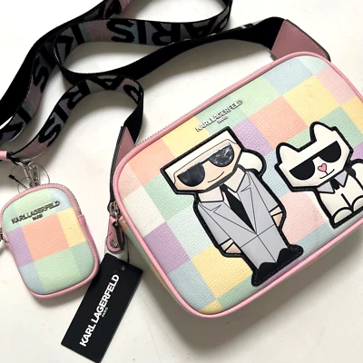 NWT Karl Lagerfeld Paris Crossbody Camera Bag + Pouch Kitty Cat Pixels Pastel - Image 1 of 4