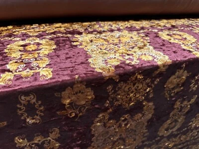 Stretch Spandex Velvet Fabric, Per Metre - Damask Print - Burgundy & Gold - Image 1 of 3