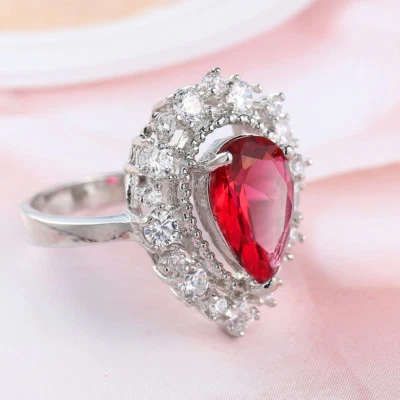 Wedding Gift Teardrop Garnet White Topaz Gemstone Silver Woman Rings Size 6-10 - Image 1 of 3