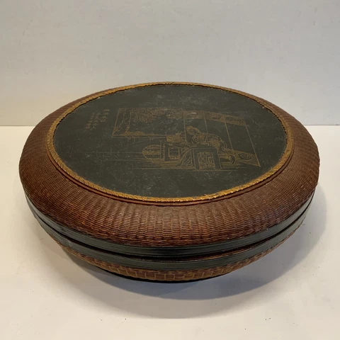 Antique Vintage Chinese Sewing Basket LARGE Round Lidded Boho Wicker Painted Cover