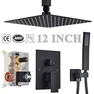 12 inch Rain Shower Faucet Set Matte Black Shower Head Combo System with Valve - Picture 1 of 10