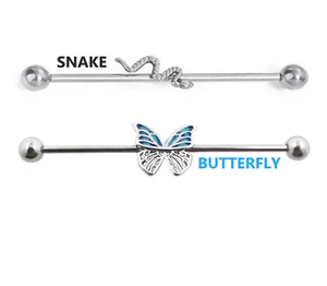 Piercing hélice industrial serpiente/mariposa azul acero inoxidable 316L 1 pieza - Imagen 1 de 2