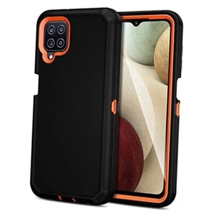 Samsung Galaxy A12 case, Dual Layer Shockproof Drop Protection Black Orange - Picture 1 of 7