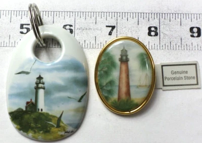 2 Vintage Porcelain Multi-Colored Mass &Texas Lighthouses Cameos Brooch &Pendant - Image 1 of 4